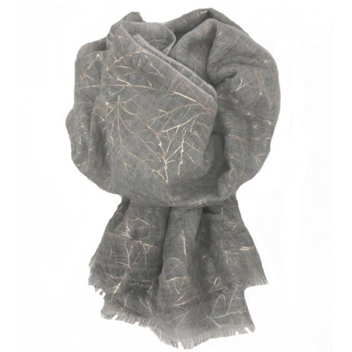 Scarf-Silver Grey Rose Gold Leaves 